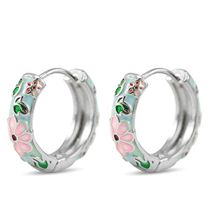 TQ Metall Brass Creolen mit Enamel Blume Silver-pink blue