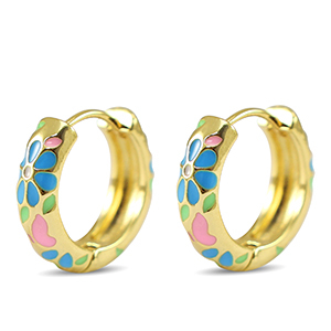 TQ Metall Brass Creolen mit Enamel Blume Gold-pink blue