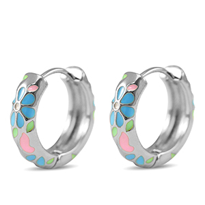TQ Metall Brass Creolen mit Enamel Blume Silver-pink blue