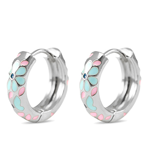 TQ Metall Brass Creolen mit Enamel Blume Silver-blue pink