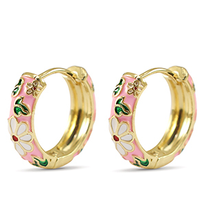 TQ Metall Brass Creolen mit Enamel Blume Gold-pink white