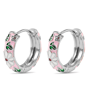 TQ Metall Brass Creolen mit Enamel Blume Silver-pink white