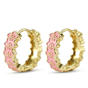 TQ Metall Brass Creolen mit Enamel Blume Gold-pink