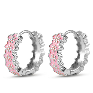 TQ Metall Brass Creolen mit Enamel Blume Silver-pink