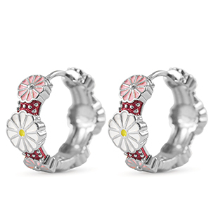 TQ Metall Brass Creolen mit Enamel Blume Silver-white pink