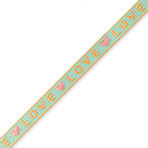 Schmucktextband "love" Blue-coral pink