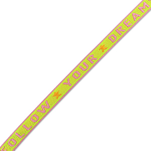 Schmucktextband "follow your dreams" Paisley purple-lime green