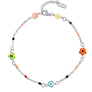 Stainless Steel - Rostfrei Stahl Fussketten Millefiori Flower Silver-multicolour