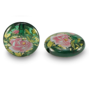 Glas Perlen 14mm Flower Green transparent-rose red