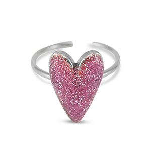 Stainless Steel - Rostfrei Stahl Ringe Enamel Heart Glitzer Vermilion pink-silver