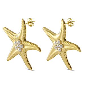 Stainless Steel - Rostfrei Stahl Ohrringe / Ohrstecker Starfish Imitation Pearls Gold