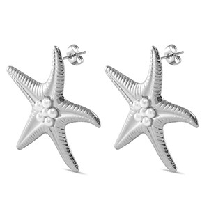 Stainless Steel - Rostfrei Stahl Ohrringe / Ohrstecker Starfish Imitation Pearls Silver