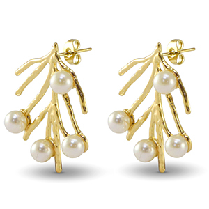 Stainless Steel - Rostfrei Stahl Ohrringe / Ohrstecker Seeweed Imitation Pearls Gold