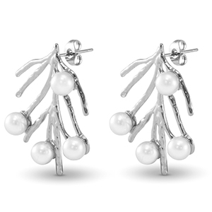 Stainless Steel - Rostfrei Stahl Ohrringe / Ohrstecker Seeweed Imitation Pearls Silver