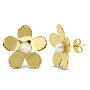 Stainless Steel - Rostfrei Stahl Ohrringe / Ohrstecker Pearls Flower Gold