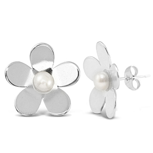 Stainless Steel - Rostfrei Stahl Ohrringe / Ohrstecker Pearls Flower Silver