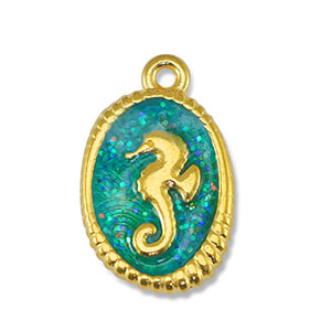 Anh&auml;nger Metall DQ Seahorse Glitter Turquoise-Gold (Nickelfrei)