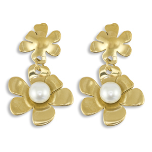 Stainless Steel - Rostfrei Stahl Ohrringe / Ohrstecker Flower with imitation pearls Gold