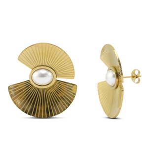 Stainless Steel - Rostfrei Stahl Ohrringe / Ohrstecker Fan with imitation pearls Gold