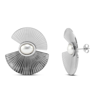 Stainless Steel - Rostfrei Stahl Ohrringe / Ohrstecker Fan with imitation pearls Silver