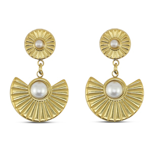 Stainless Steel - Rostfrei Stahl Ohrringe / Ohrstecker Fan with imitation pearls Gold