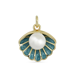 TQ Metall Brass Anh&auml;nger Shell with Pearl Gold-turquoise blue-white