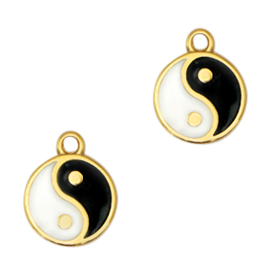 Anh&auml;nger Metall DQ Yin & Yang Symbol 15mm Gold-schwarz-weiss (Nickelfrei)