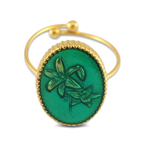 Stainless Steel - Rostfrei Stahl Ringe Enamel Oval with Flower Gold-dark green