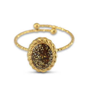 Stainless Steel - Rostfrei Stahl Ringe Enamel Oval Gold-glitter topaz