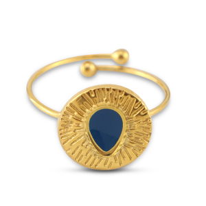 Stainless Steel - Rostfrei Stahl Ringe Enamel Round with Drop Gold-cerulean blue