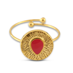 Stainless Steel - Rostfrei Stahl Ringe Enamel Round with Drop Gold-magenta pink