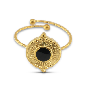 Stainless Steel - Rostfrei Stahl Ringe Enamel Round Gold-black