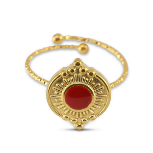 Stainless Steel - Rostfrei Stahl Ringe Enamel Round Gold-cherry red