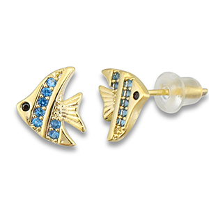 TQ Metall Brass Ohrringe / Ohrstecker Fish Gold-light blue