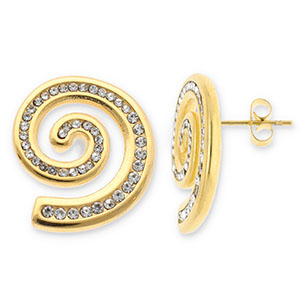 Stainless Steel - Rostfrei Stahl Ohrringe / Ohrstecker Spiral with Strass Gold-transparent