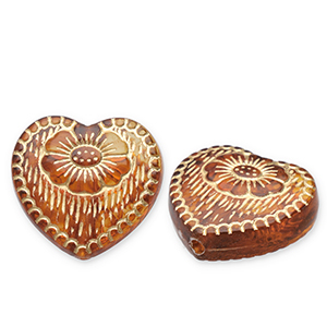 Perlen aus Acryl Heart with Flower Cognac brown-gold