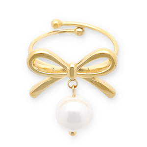 Stainless Steel - Rostfrei Stahl Ringe Bow with Pearl Gold-white