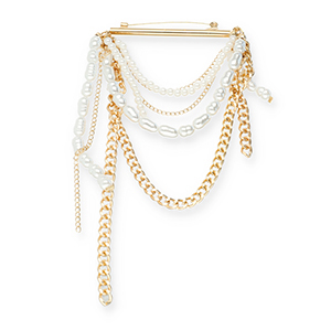 Statement Broschen Bar with Chain and Pearls Gold-white