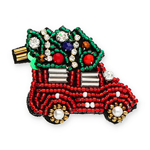 Broschen Car with Christmas tree Red-green