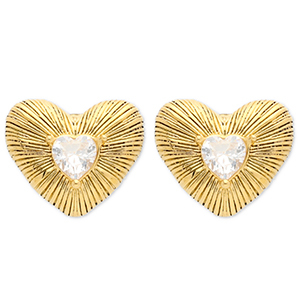 Stainless Steel - Rostfrei Stahl Ohrringe / Ohrstecker Heart Gold-crystal