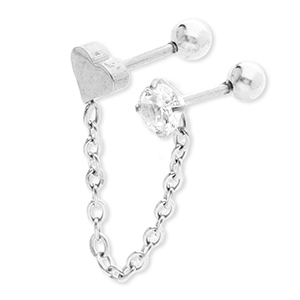 Stainless Steel - Rostfrei Stahl Ohrpiercing Heart with Chain & Strass Silver-crystal