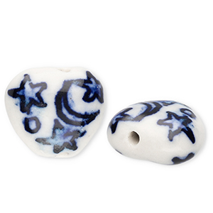 Keramik Perlen Heart with Moon and Stars Off white-Delft blue