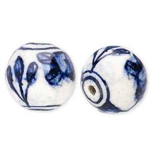 Keramik Perlen 18 mm with Tulip Off white-Delft blue