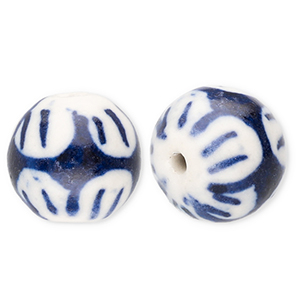 Keramik Perlen 12 mm with Flower Off white-Delft blue