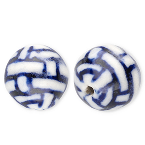 Keramik Perlen 12 mm with Rectangles Off white-Delft blue