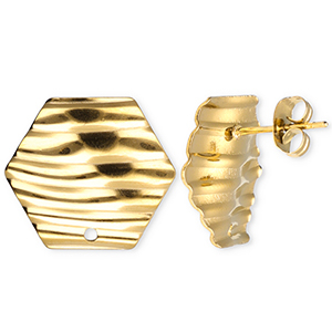 Zubeh&ouml;r aus Stainless Steel - Rostfreiem Stahl Ohrringe / Ohrstecker Hexagon with Lines with loop Gold