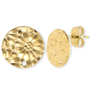 Zubeh&ouml;r aus Stainless Steel - Rostfreiem Stahl Ohrringe / Ohrstecker Round with Flower with Loop Gold