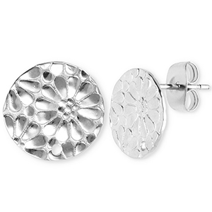 Zubeh&ouml;r aus Stainless Steel - Rostfreiem Stahl Ohrringe / Ohrstecker Round with Flower with Loop Silver