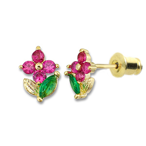 TQ Metall Brass Ohrringe / Ohrstecker Flower Gold-dark pink-green