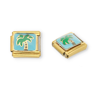 Stainless Steel - Rostfrei Stahl Italian Charm Element Palmtree Gold-light blue-green
